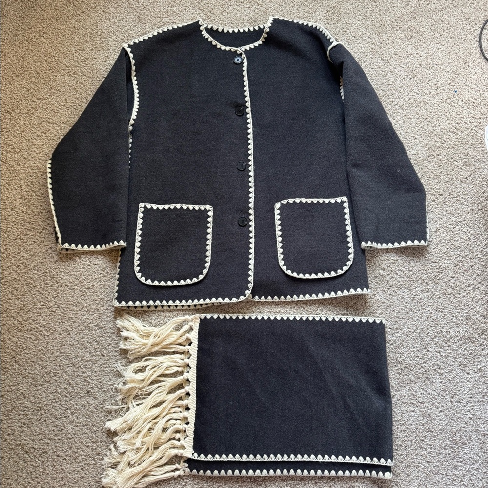 Dynamite Black Jacket and Scarf Set with Cream Trim (Perfect for Fall Season)